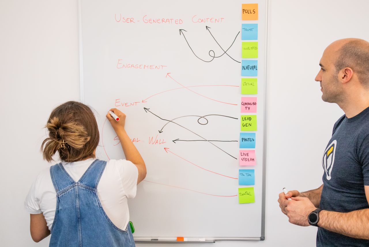 Two colleagues work together on a marketing strategy at a whiteboard, with a focus on user-generated content.